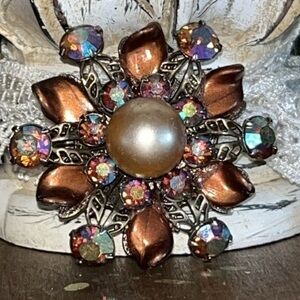 Vintage Aurora Borealis Rhinestone Floral Brooch Faux Pearl Center Kramer Style